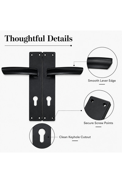 Generic Matte Black Door Handles on Backplate Set – Modern Curved Lever on Back Plate with Euro Profile Keyhole, Complete Hardware Kit with Spindle & Screws for Interior, Front, Bedroom, and Office Doors