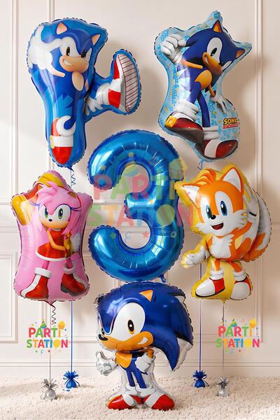 Parti Station 3 Year Old Hedgehog Sonic Balloon Set - 6 Piece Large Size Soni...