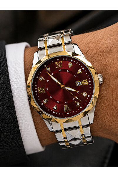 Weluxa Men's Wristwatch Silver-Gold Color Claret Red Dial Luxury Design Steel...