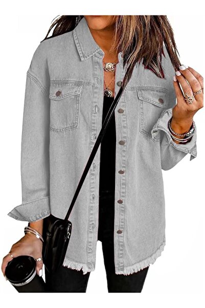 GENERAL Denim Jacket for Women Oversized Boyfriend Jean Jacket Button Up Fray...