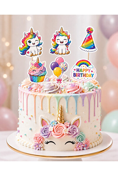 GREATOY Unicorn Temalı Pasta Kürdanı 6’lı Set – Gökkuşağı Unicorn Doğum Günü ...