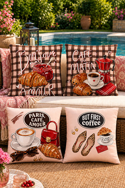 EVPANYA Set de 4 huse de pernă cu model Paris Cafe Products