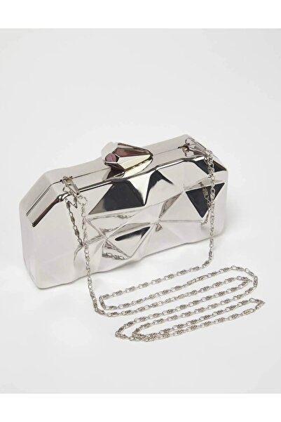 selma demir Gümüş Üç Boyutlu Abiye Kadın Şık Mini Boy Clutch El Omuz Çantası