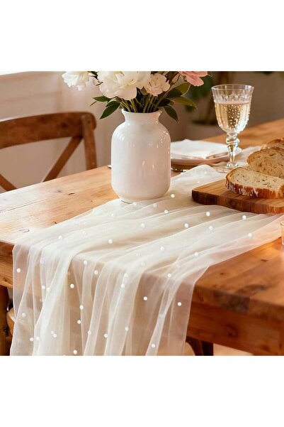 X SPRING Pearl Table Runner, 75x300CM Boho Lace Tulle Table Runner with Spark...