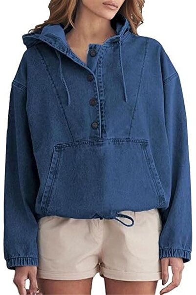 Generic Jean Jacket for Women Trendy Womens Denim Hoodie Pullover Half Button...