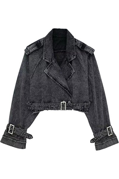 Generic Women's Short Washed Denim Jacket with Belt Lapel Collar Short Denim ...