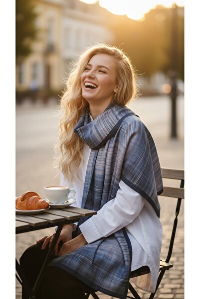 ABOUT US Blue Navy Blue Plaid Patterned Women's Shawl Striped Checkered Patte...