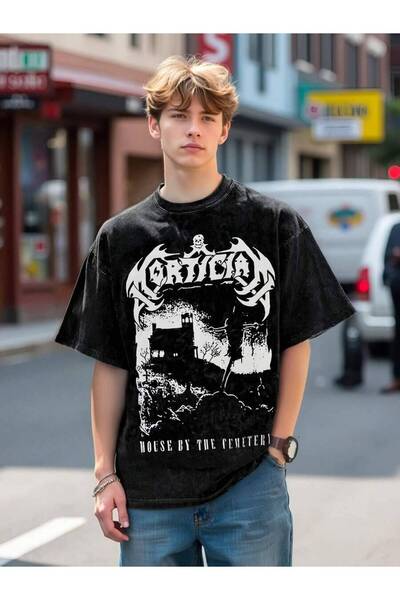 25W Vintage Washed Cotton Oversize T-Shirt With Gothic Mortuary Graphics, Hip...
