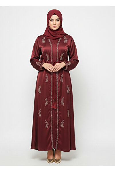 RIZQE Burgundy Rizqé Satin Abaya | Silver Floral Embellishment | Tasseled Bel...