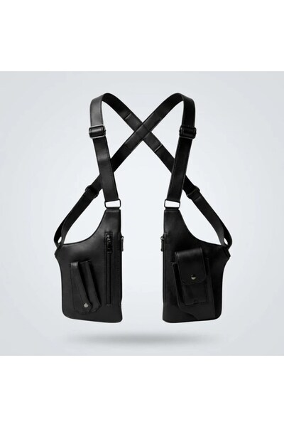 Newish Unisex Μαύρη Vegan Δερμάτινη Τσάντα Στήθους με Πολλαπλές Τσέπες και Χι...
