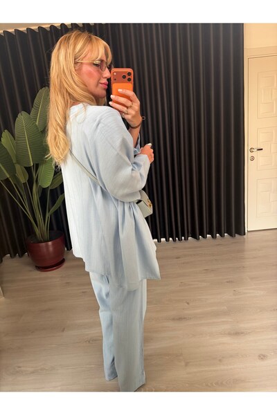 begum mayda %100 Cotton Önden Düğmeli Gömlek, Beli Lastikli Pantalon Takım