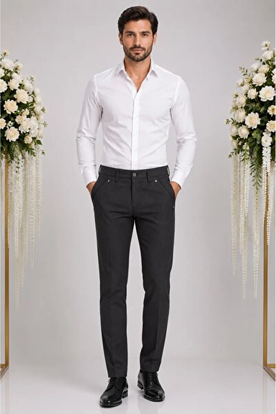 OEM Pantalon lung masuri mici, de culoare gri inchis, model casual