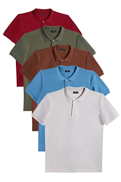 Tudors Men's 5-pack slim fit cotton plain polo shirt in brown, grey, burgundy...