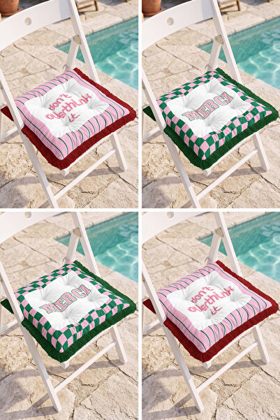 Realhomes Merci Written Pink Green Checkered and Striped Patterned 4-Piece Fr...