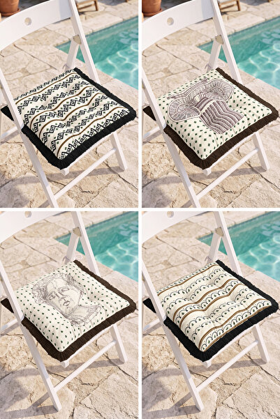 Realhomes Set of 4 Fringed Puffy Chair Cushions with Mushroom and Sculpture F...