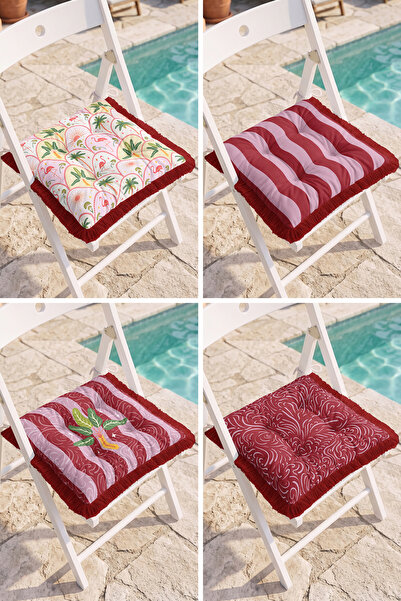 Realhomes Flamingo and Palm Leaf Patterned Double-Sided 4-Piece Fringed Puffy...