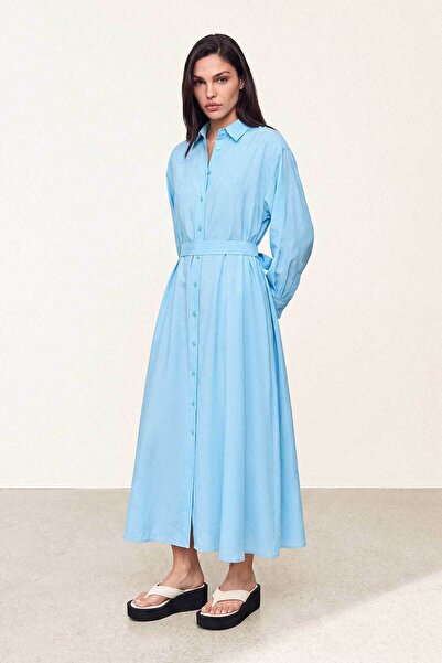 Hooopstore Basic Önden Düğmeli Bebe Mavisi Modal Elbise