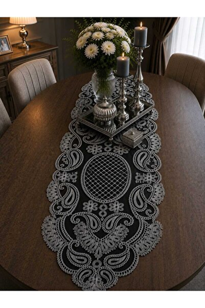 Lena Maison Luna Black Tulle Runner with Embroidery 105 Cmx35 cm