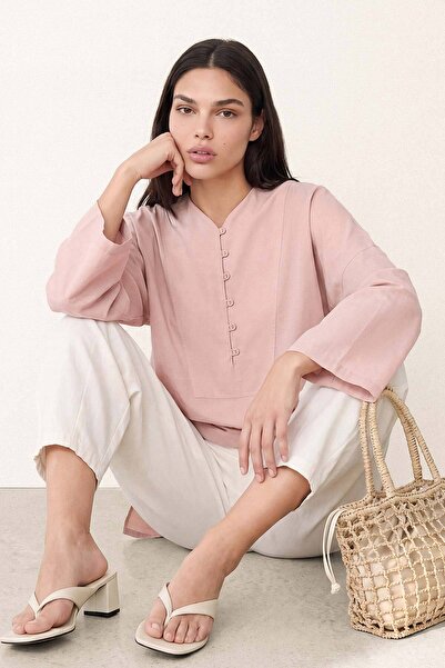 Hooopstore V Yaka Oversize Toz Pembe Bluz