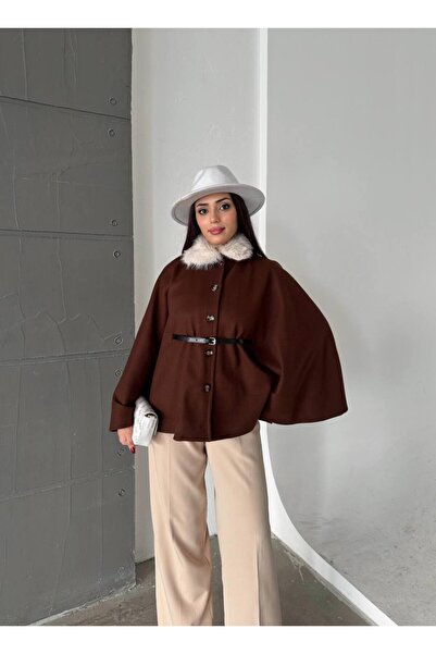 candybia Women's Belt Detailed Fur Poncho