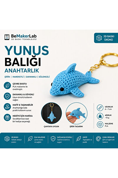 3D Baskı Yunus Balığı Anahtarlık – Hareketli Eklemli Sevimli Çanta ve Anahtar Aksesuarı
