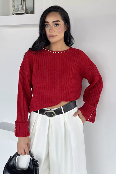 Aryena Red Women's Stone Embroidered Self-Patterned Knitwear Sweater