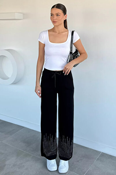 Aryena Black Women's Modal Fabric Stoned Palazzo Trousers