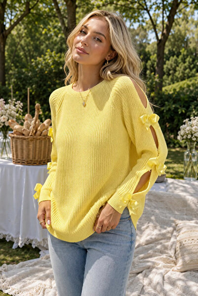 Aryena Yellow Women's Knitwear Blouse with Bow Detail