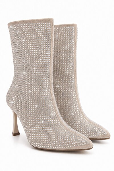 İX Blur Women's Suede Stone Boots - Pointed Toe Stone Embellished Thin Heeled...
