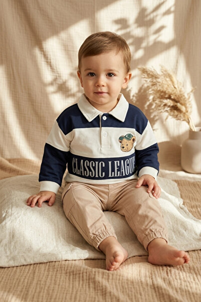 Babydonat Baby Boy Navy Blue White Striped Teddy Bear Embroidered Polo Collar...