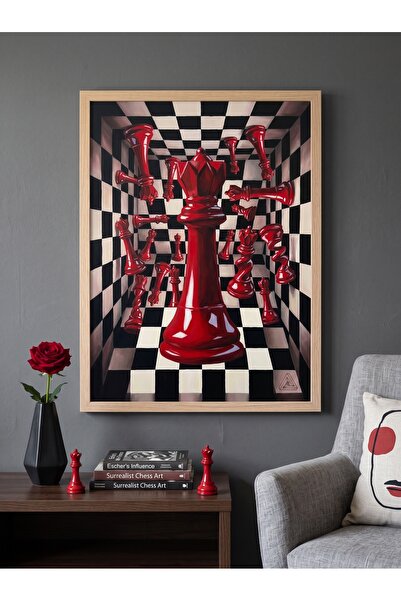 DEKORASOR Ahşap Çerçeveli Kırmızı Satranç Vezir Tablosu 3D Dama Desenli Sürre...