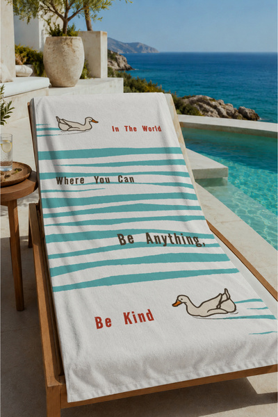 Evmila Turquoise Striped Be Kind Whale Written Patterned 70X150 Beach Towel -...