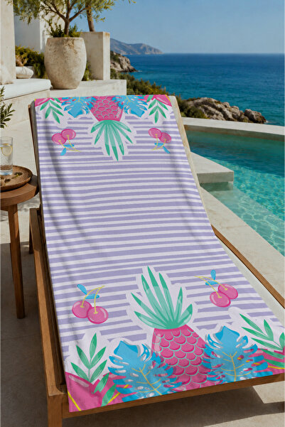 Evmila Pastel Striped Tropical Leaf Border Patterned 70X150 Beach Towel - Cot...