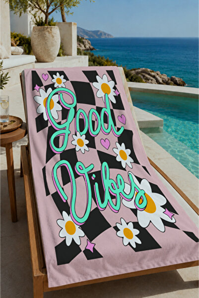 Evmila Pink Black Dama Good Vibes Daisy Patterned 70X150 Beach Towel - Digita...