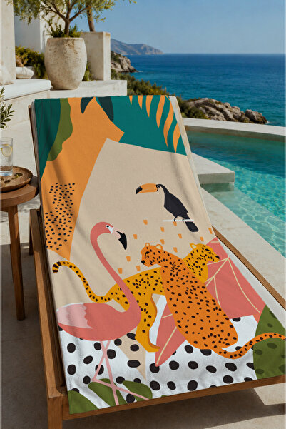 Evmila Tropski leopard i šareni listovi - ilustracija, peškir za plažu 70x150...