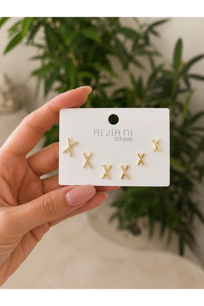 FASHION Minimal X Model Taşlı Gold Renk 3’lü Kadın Küpe Seti – Büyük Orta Küç...