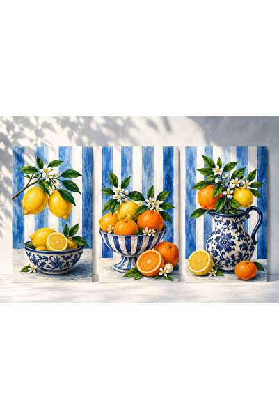 AR AJANS KANVAS TABLO Mediterranean - Summer Breeze Blue Striped Vases Citrus...