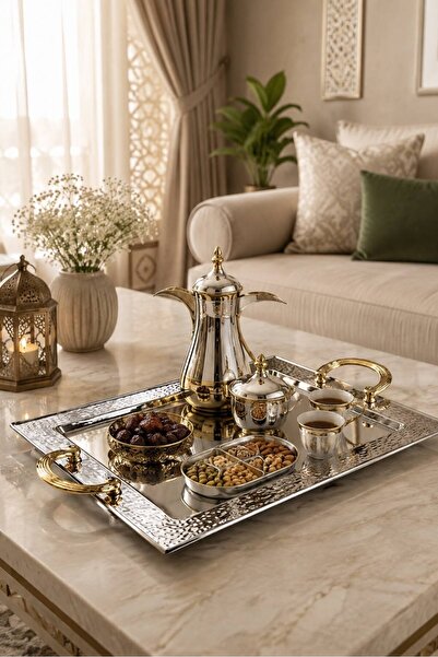 Generic Luxury Indian Serving Tray with Mirror Surface & Golden Handles - Ham...