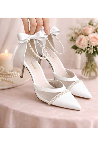 beeyzi moda Mesh White Pearl Evening Dress Shoes