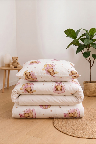 Miruza Ev Tekstili Bear Patterned Baby Duvet Cover Set |   100% Cotton |   100X150 cm Duvet Cover, 35X45 cm Pillowcase and Non-Slip Sheet |   Comfortable Sleep Experience