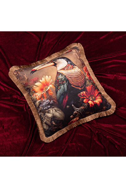 Tukan Kuşu Desenli Saçaklı Bohem Dekoratif Kırlent Kılıfı 45x45 cm Salon Yastık Kılıfı