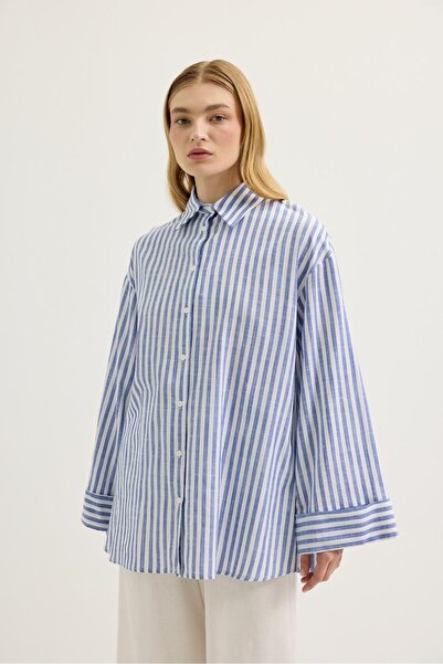 KADRİYE BAŞTÜRK Striped Oversize Linen Shirt Navy Blue
