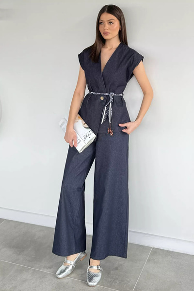 Aryena Navy Blue Women's Satin Belted Jean Denim Vest and Elastic Waist Pants...