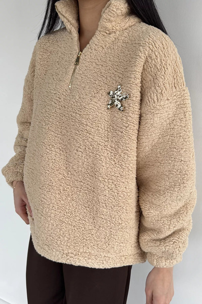 Aryena Beige Women's Half-Zip Plush Sweatshirt