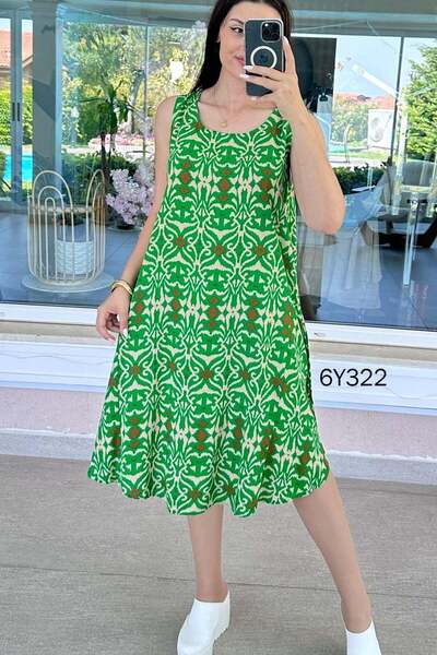 İnce Topuk Zero Sleeve Patterned Viscose Dress 6Y322