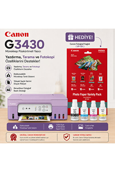 Canon Pixma G3430 Mor Wi-Fi Tarayıcı Fotokopi Renkli Çok Fonksiyonlu Tanklı +...