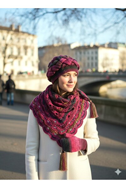 Genel Markalar Örgü Fular Bere Eldiven Set , El Yapımı Ressam Bere Set , Kemz...