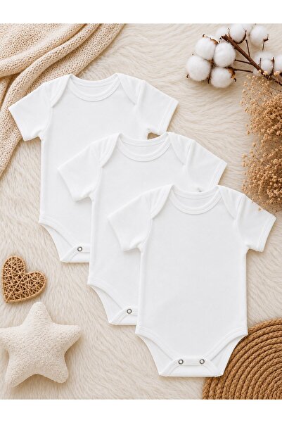 Kız Bebek 3’lü Beyaz Kısa Kollu Body Seti Basic Sade Bebek Zıbını