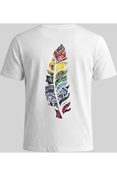 Nazlyna White 100% Cotton Unisex T-Shirt with Colorful Ethnic Mandala Feather...