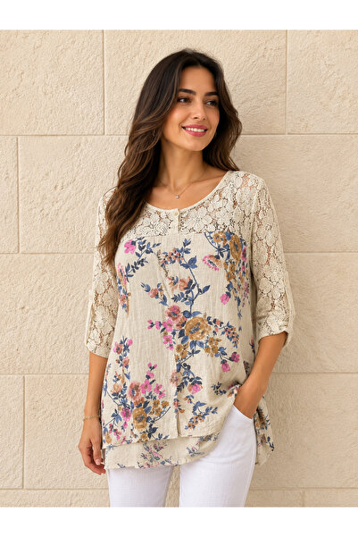 AGORATEKSTİL Women's Original Italian Short Front Long Back Lace Blouse 44-48